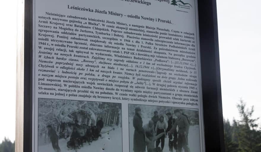 Żółty szlak na Mogielicę - informacja o leśniczówce J. Misiury i partyzantach