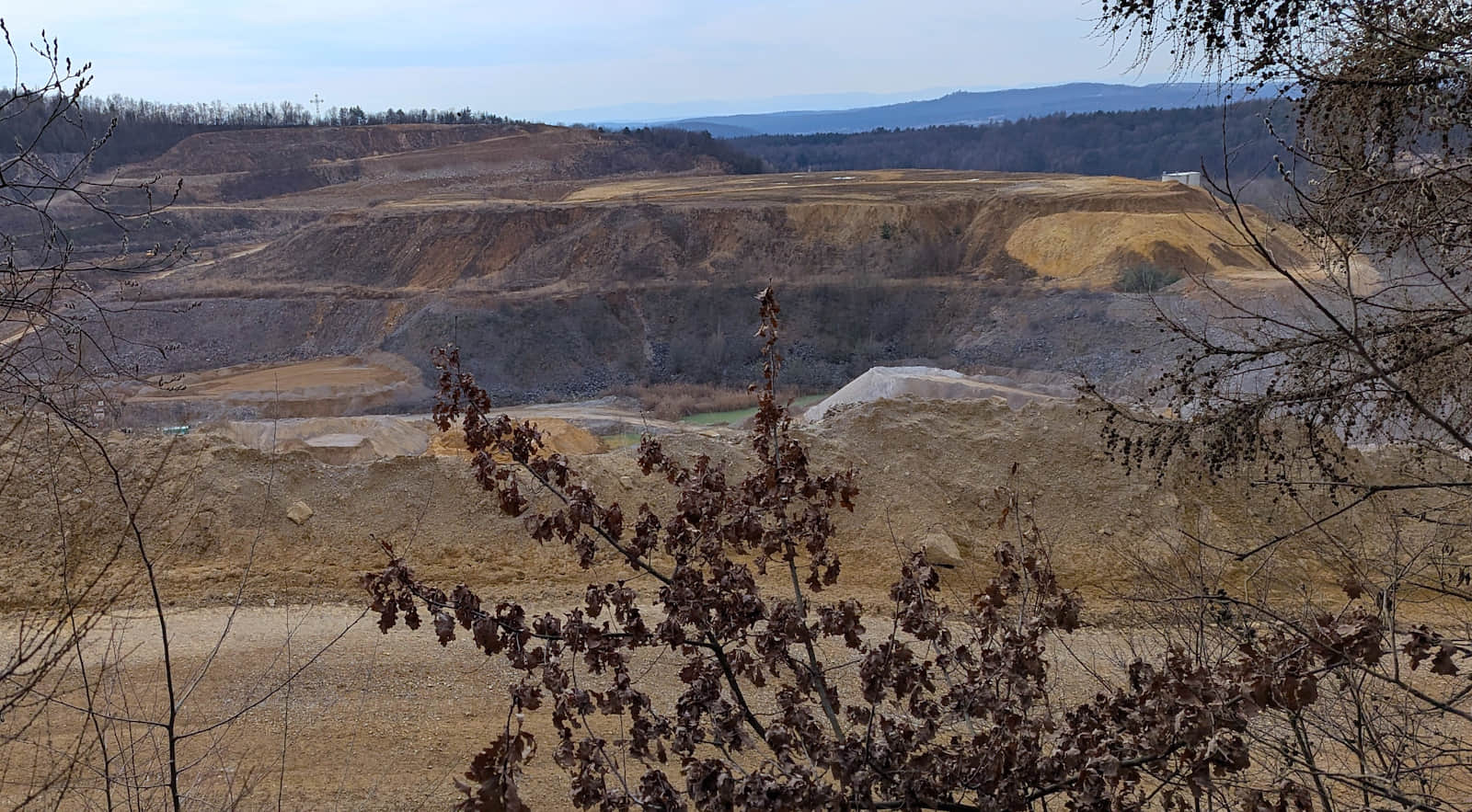 Widok na kamieniołom w Czatkowicach - w oddali ruiny zamku Tenczyn w Rudnie i krzyż nad kamieniołomem