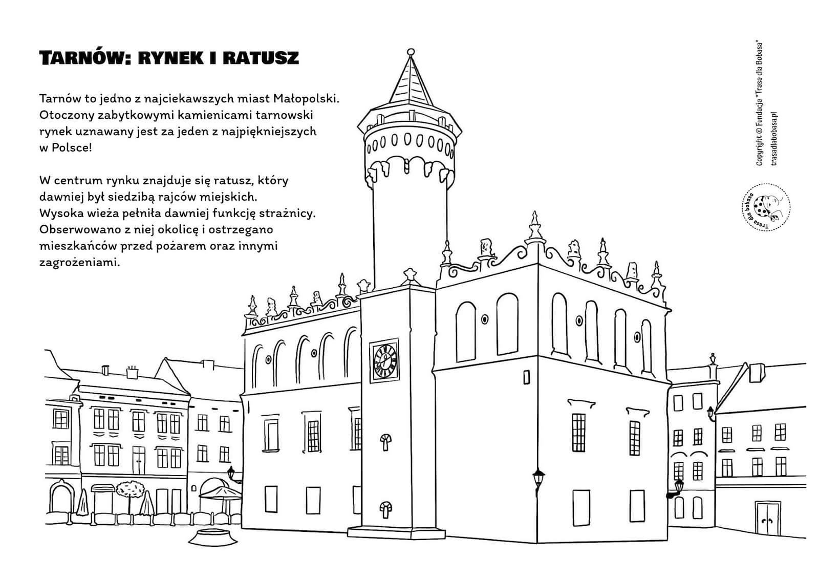 Tarnów: rynek i ratusz - kolorowanka dla dzieci pdf do wydruku