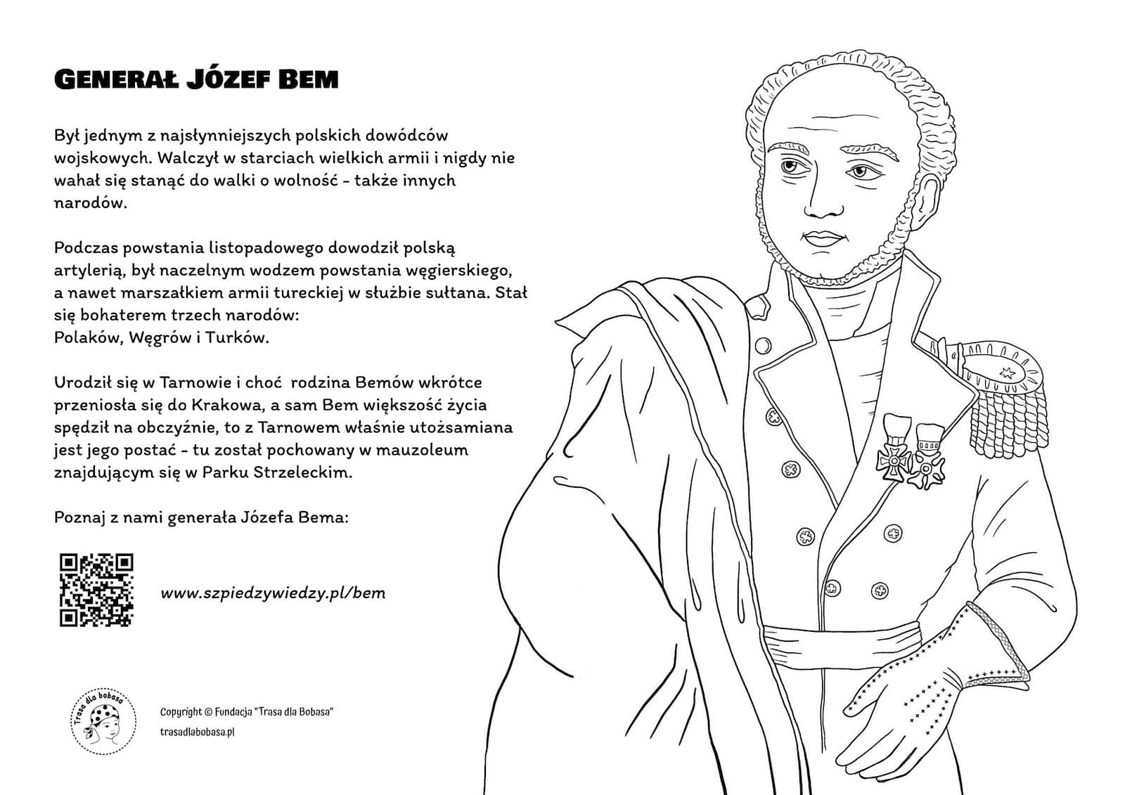 Generał Józef Bem - kolorowanka dla dzieci pdf do wydruku
