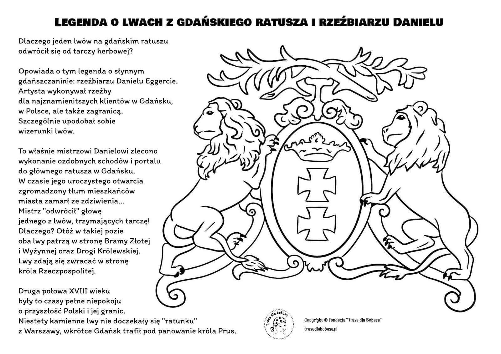 Legenda o lwach z gdańskiego ratusza - kolorowanka dla dzieci pdf do wydruku