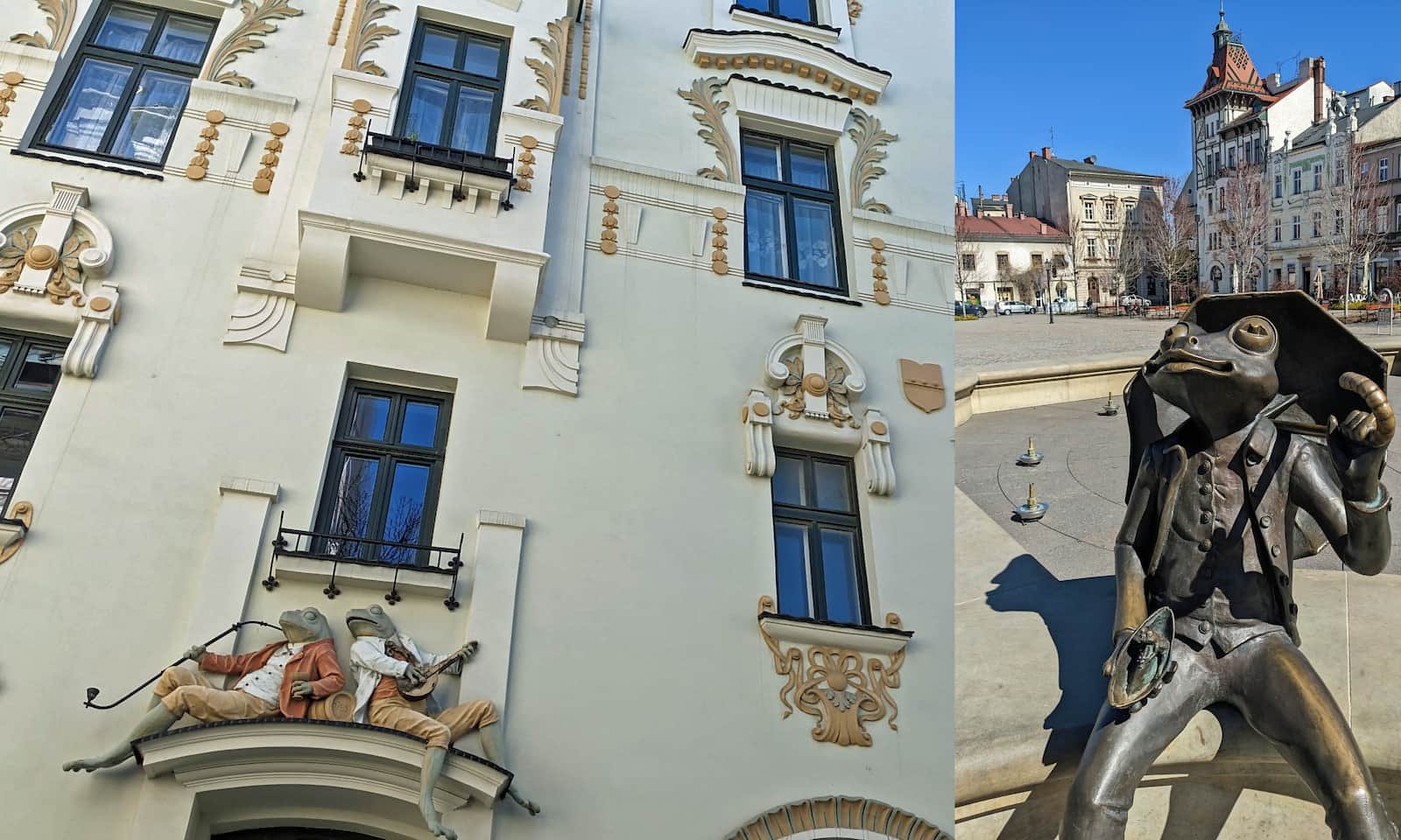 Słynne żaby w Bielsku-Białej - na fasadzie secesyjnej kamienicy i przy fontannie na Placu Wojska Polskiego