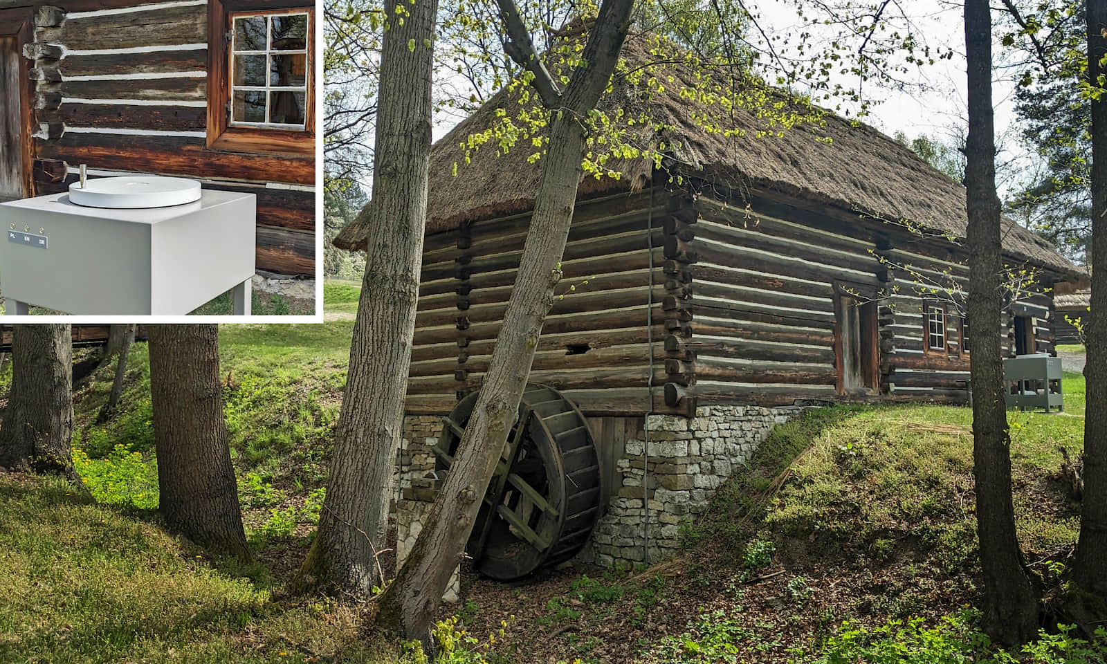 Skansen w Wygiełzowie - zabytkowy młyn wodny i stanowisko z całkiem nowoczesnymi żarnami