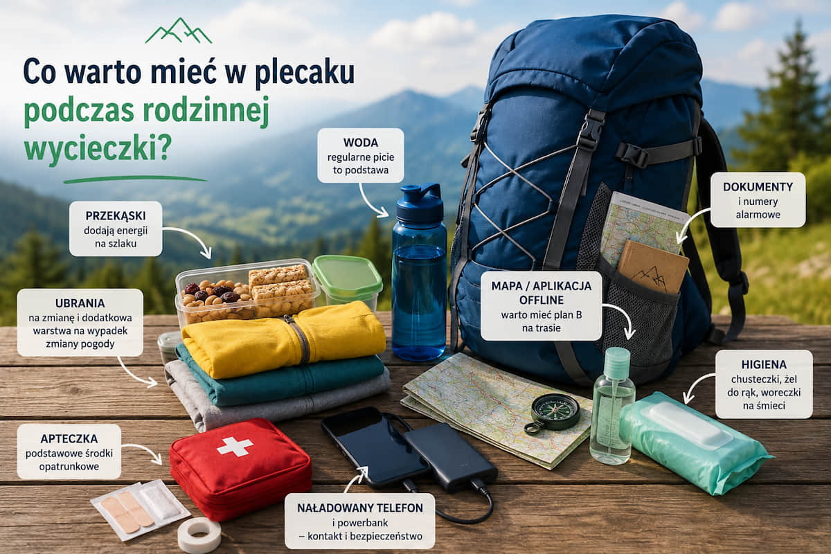 Plecak przygotowany na rodzinną wycieczkę w góry z dzieckiem – woda, apteczka, mapa, ubrania i akcesoria potrzebne podczas bezpiecznej wyprawy na szlak.