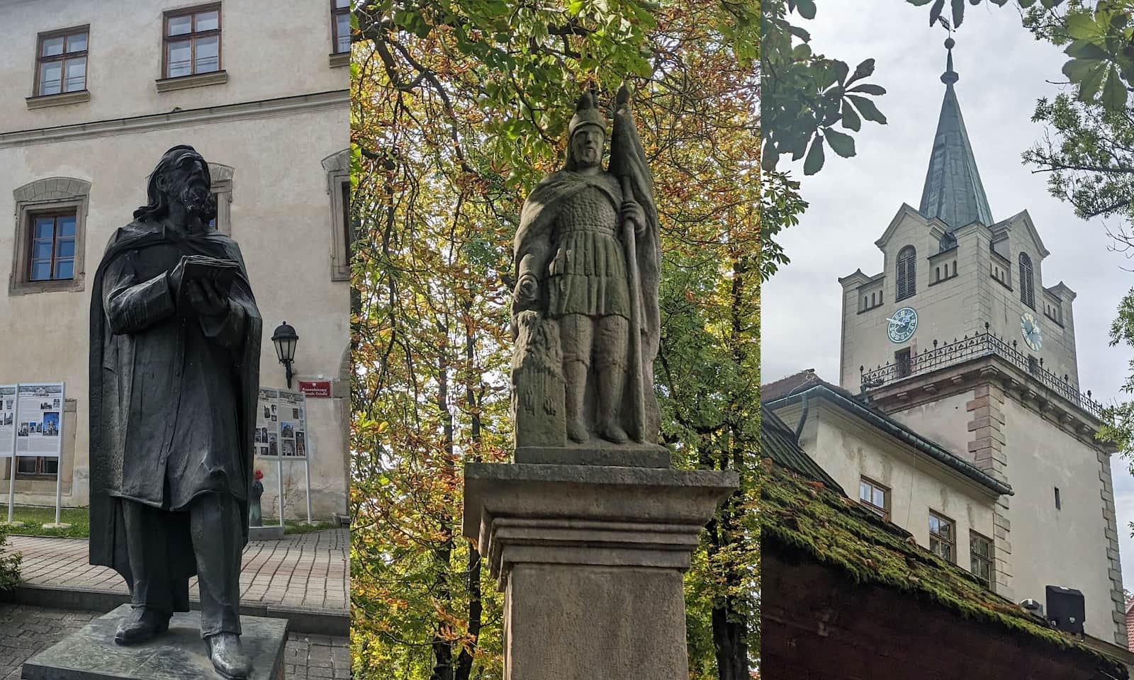Runek w Nowym Wiśniczu: pomnik Jana Matejki, św. Floriana i wieża ratusza