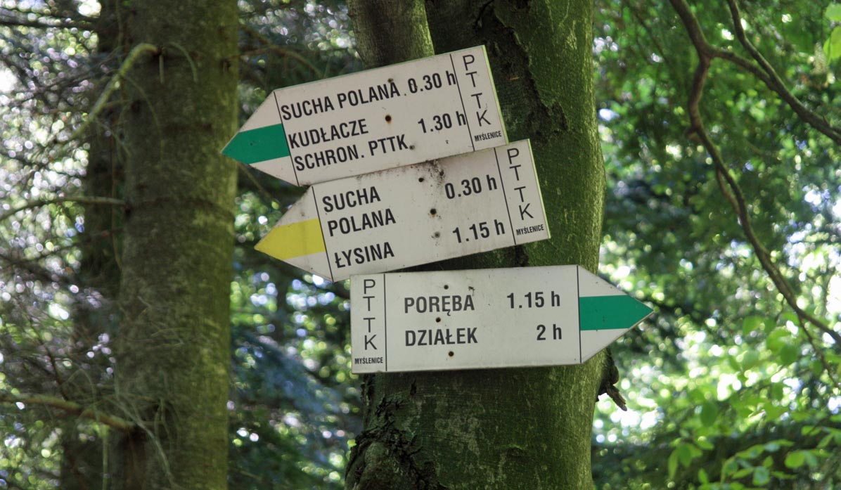 Zielony szlak z Poręby na Kamiennik - skrzyżowanie szlaków