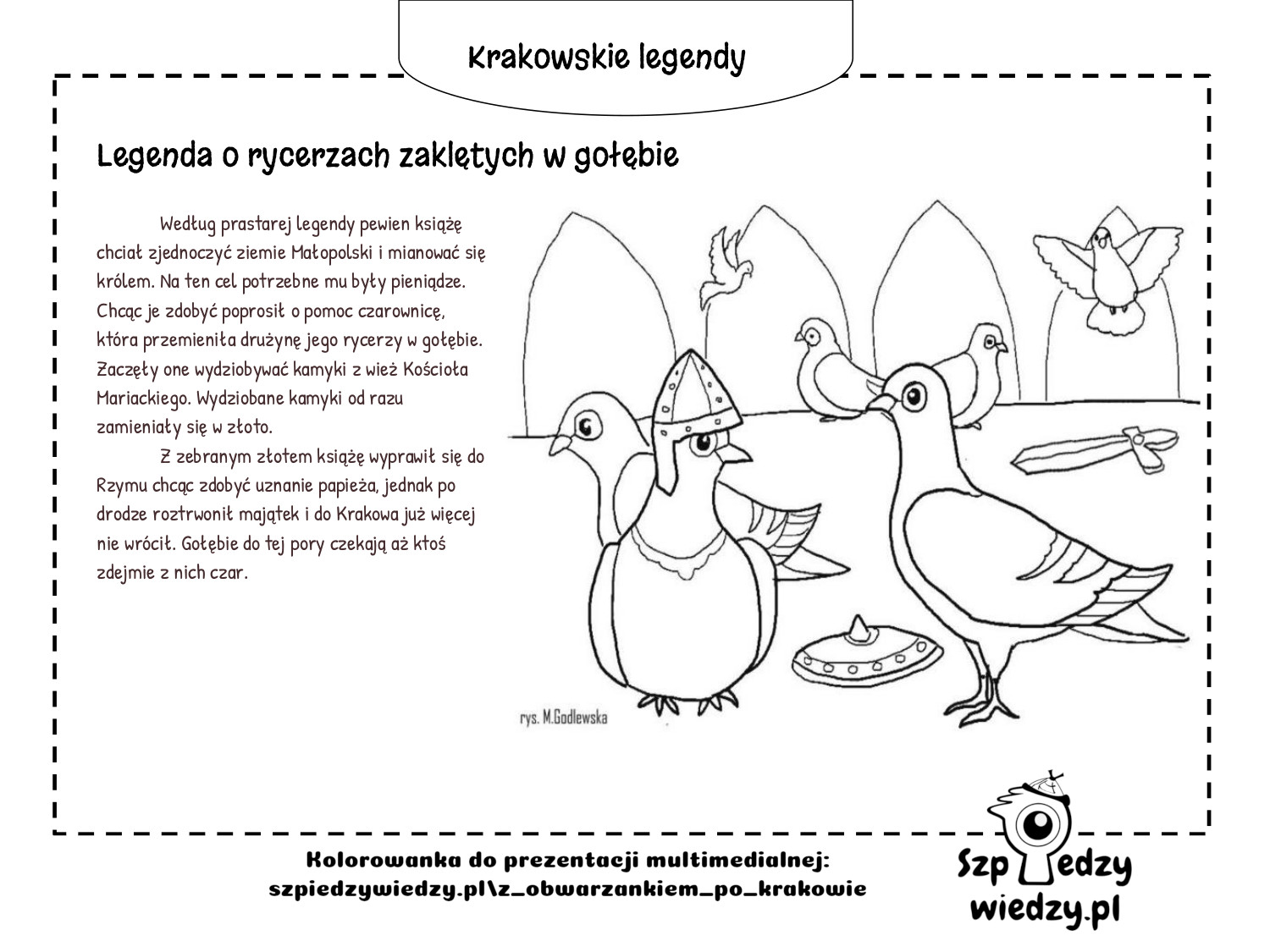 Legenda o krakowskich gołębiach - karta pracy, kolorowanka do wydruku