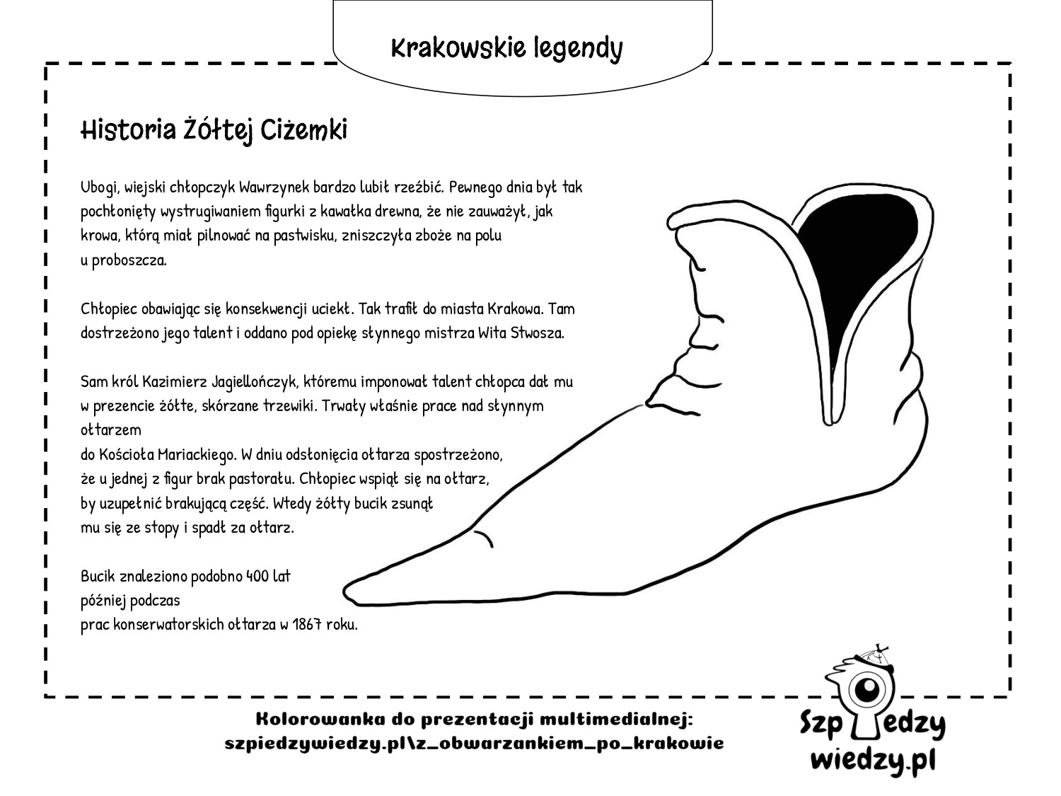 Legenda o żółtej ciżemce - ołtarz Wita Stwosza - krakowskie legendy - karta pracy, kolorowanka do wydruku