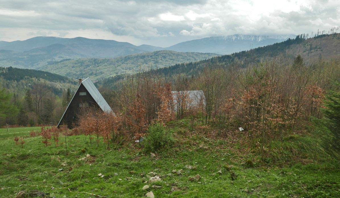 Przełęcz Opaczne: view of the Policy Range, Mosorny Groń, and Babia Góra