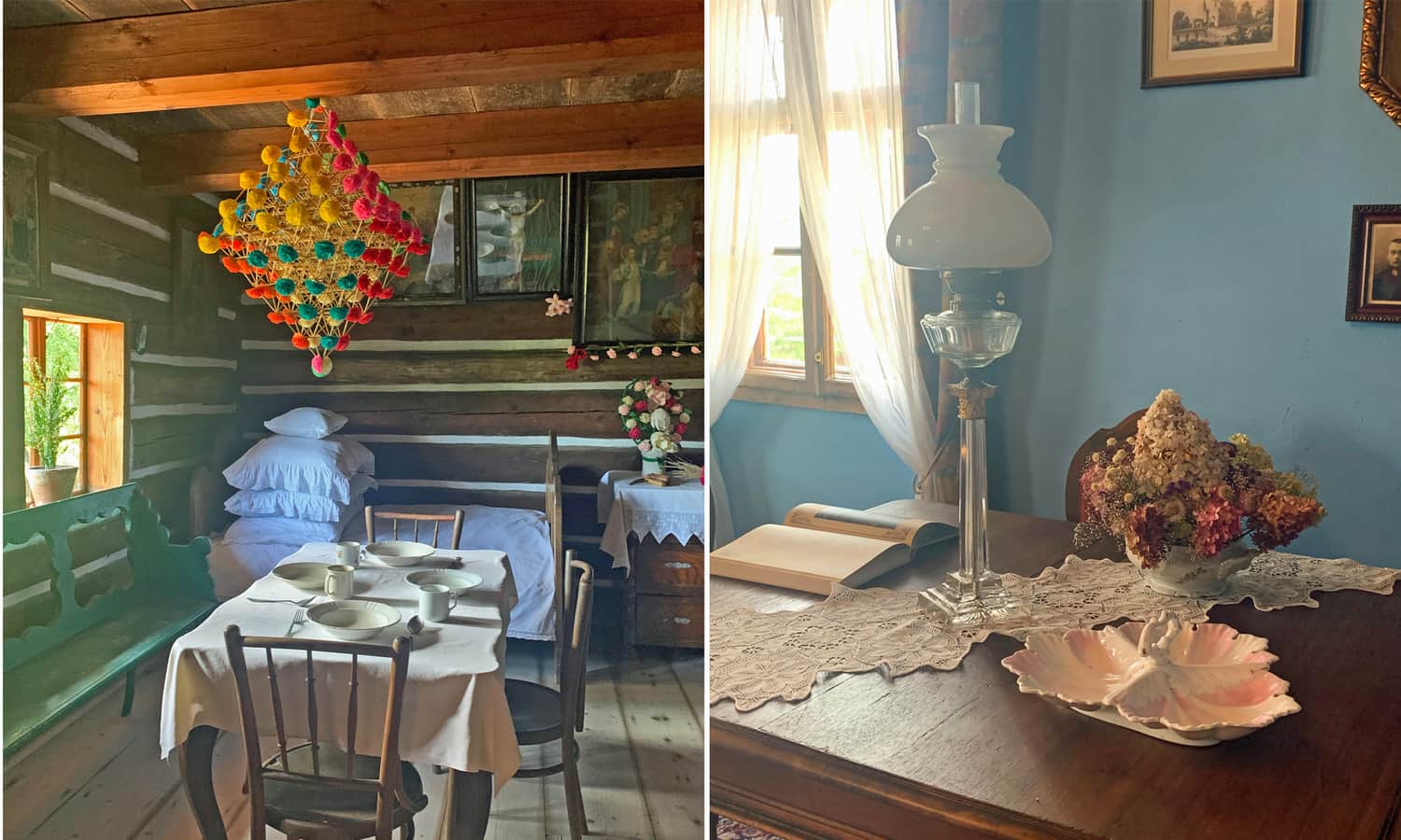 Nadwiślański Ethnographic Park in Wygiełzów - open-air museum, interior of a village cottage and the manor from Drogini
