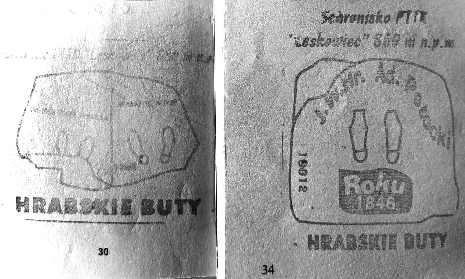 Hrabskie Buty na pamiątkowych pieczątkach ze Schroniska PTTK Leskowiec