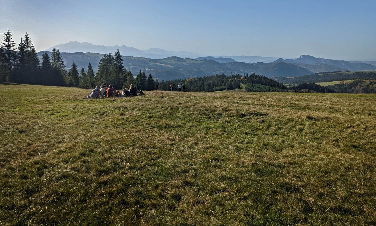 Clearing below Ruski Wierch above Jaworki. In the foreground: Small Pieniny, on the right: Trzy Korony, in the background: High Tatras