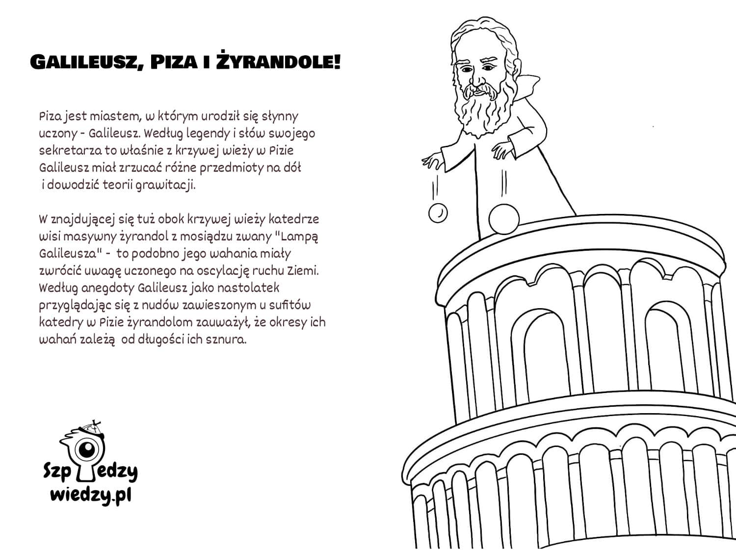 Galileusz na krzywej wieży w Pizie - kolorowanka dla dzieci