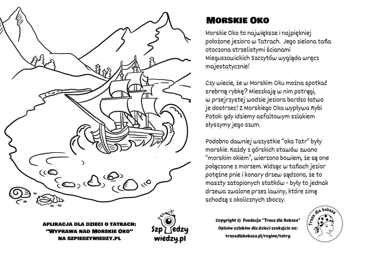Morskie Oko, Tatras – printable coloring page for children; illustration: Liudmyla Naumchuk