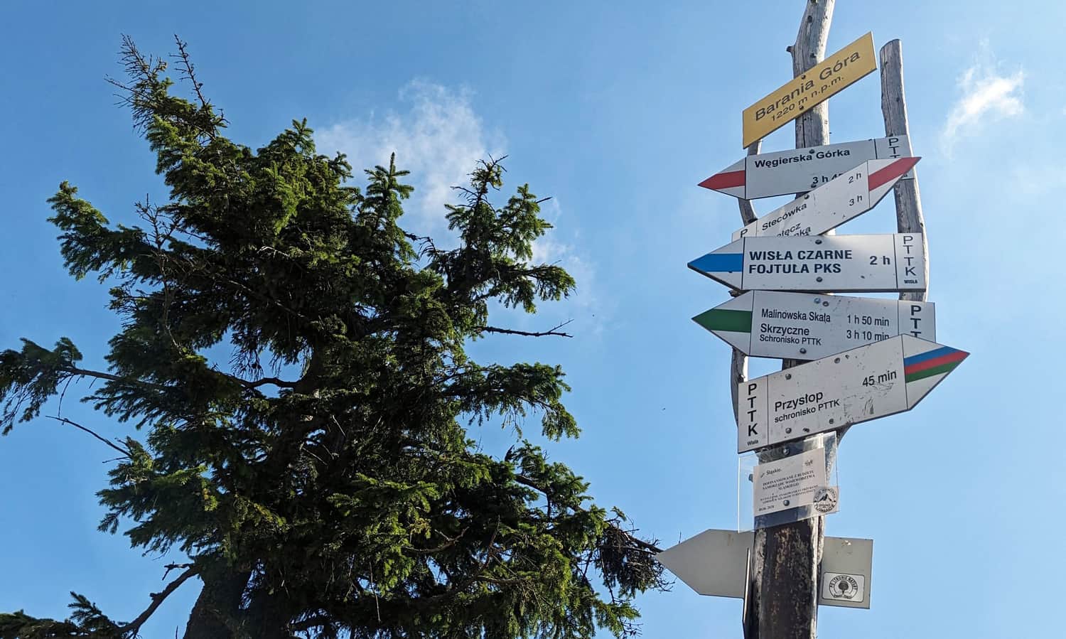 Węzeł szlaków na szczycie Baraniej Góry