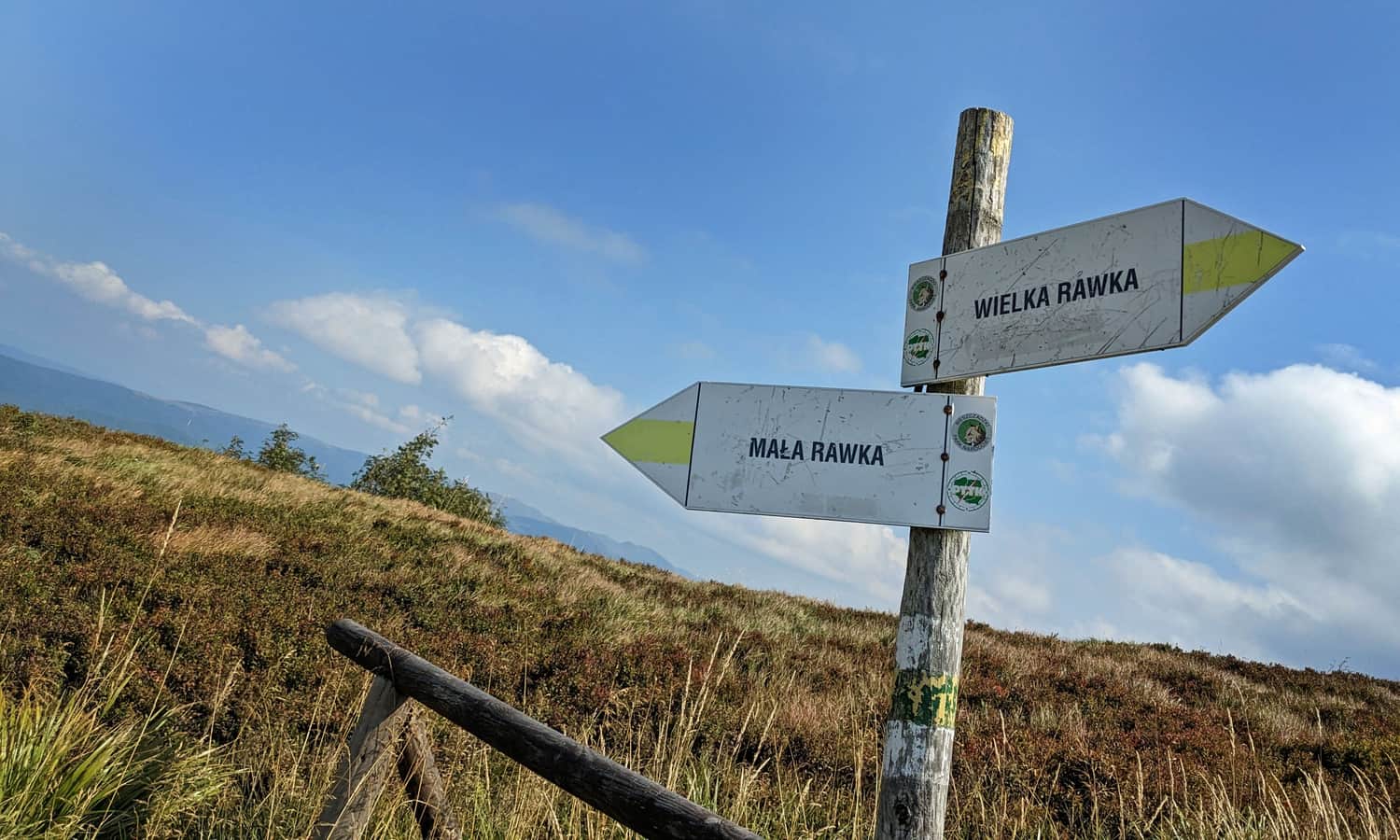 Żółty szlak łączący Wielką Rawkę (1307 m n.p.m.) i Małą Rawkę (1272 m n.p.m.)