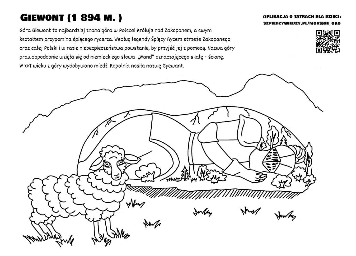 Giewont - śpiący rycerz, kolorowanka dla dzieci