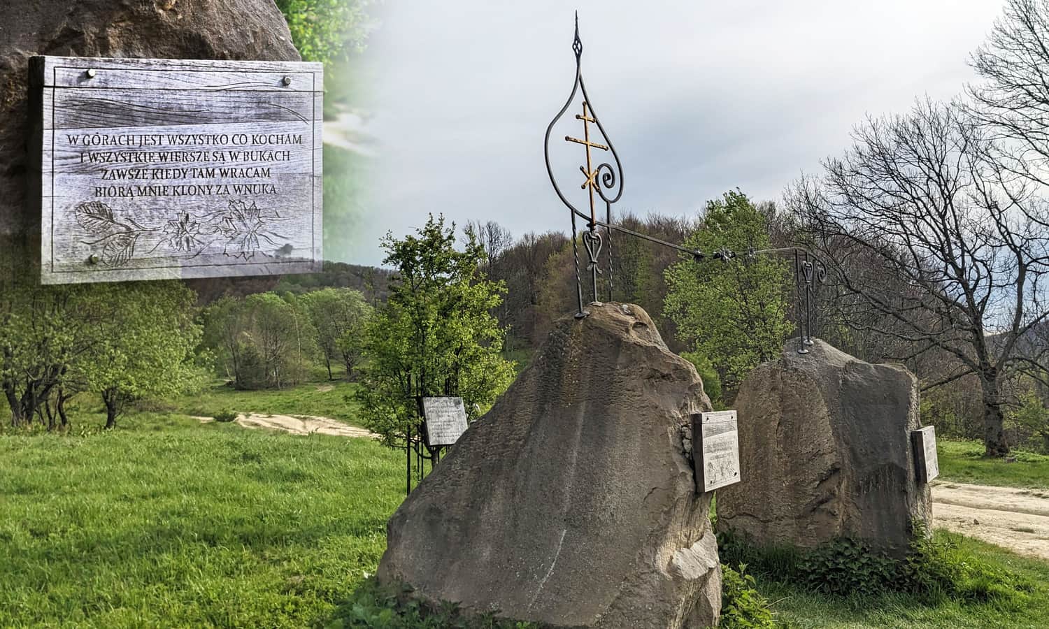 Pomnik Jerzego i Marii Harasymowiczów na Przełęczy Wyżnej oraz fragment jednego z najbardziej znanych wierszy poety 