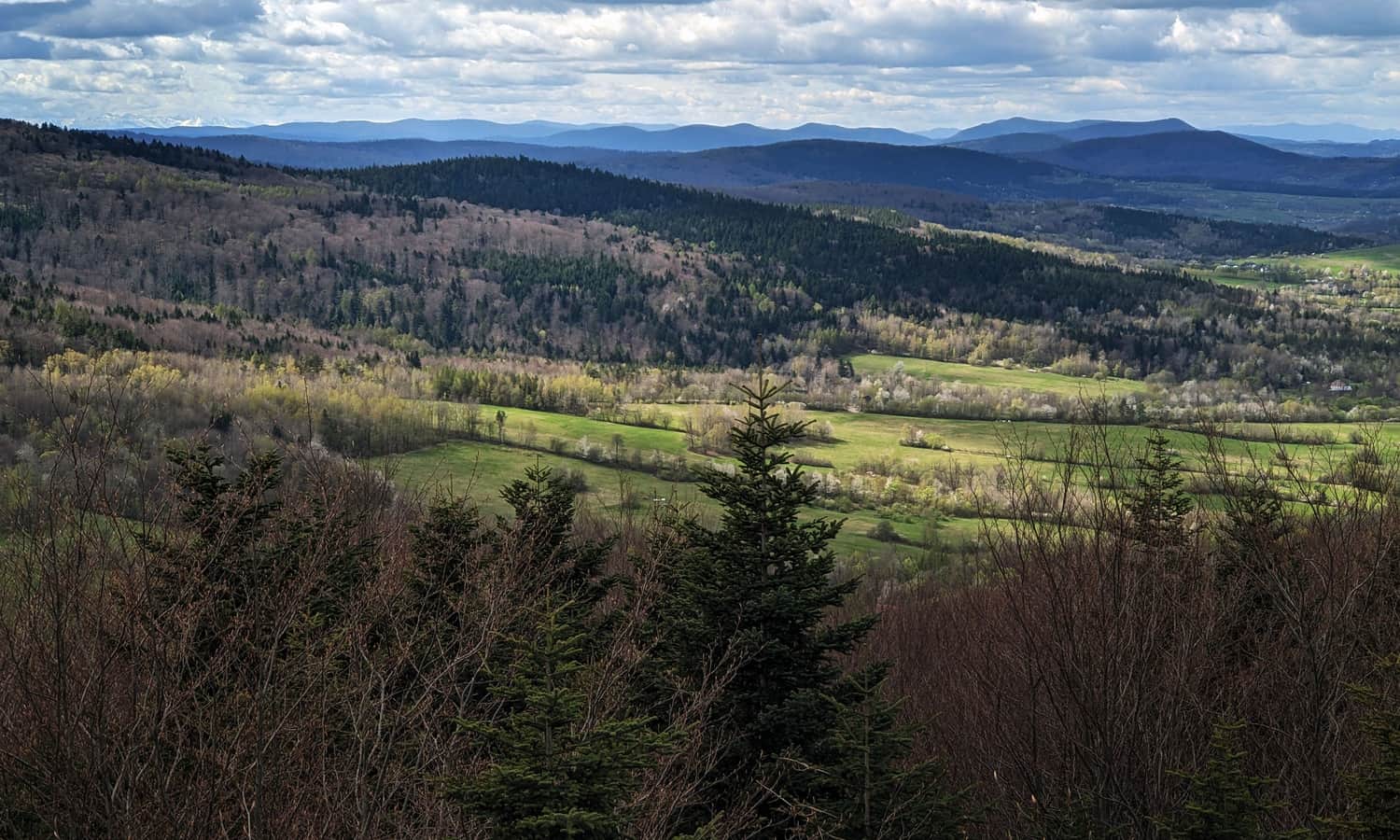 Widok z Ferdla na zachód: Beskid Niski, za nim Sądecki a jeszcze dalej (po lewej) ośnieżone Tatry