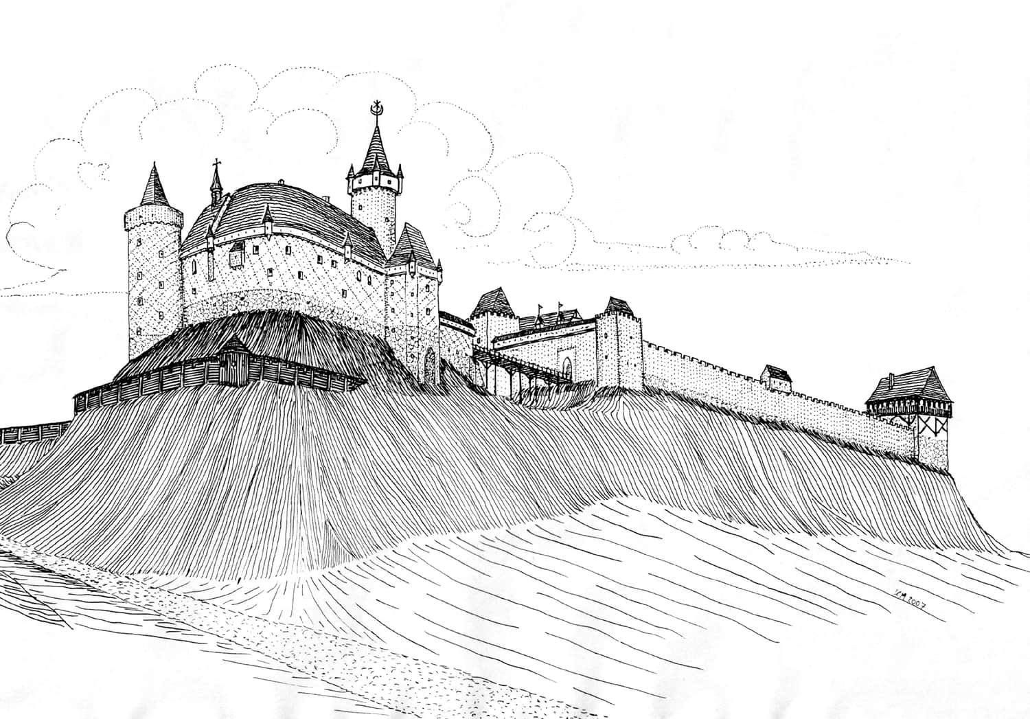 Zamek tarnowski w 2. poł. XV w. (rys. K. Moskal) (Wikipedia)