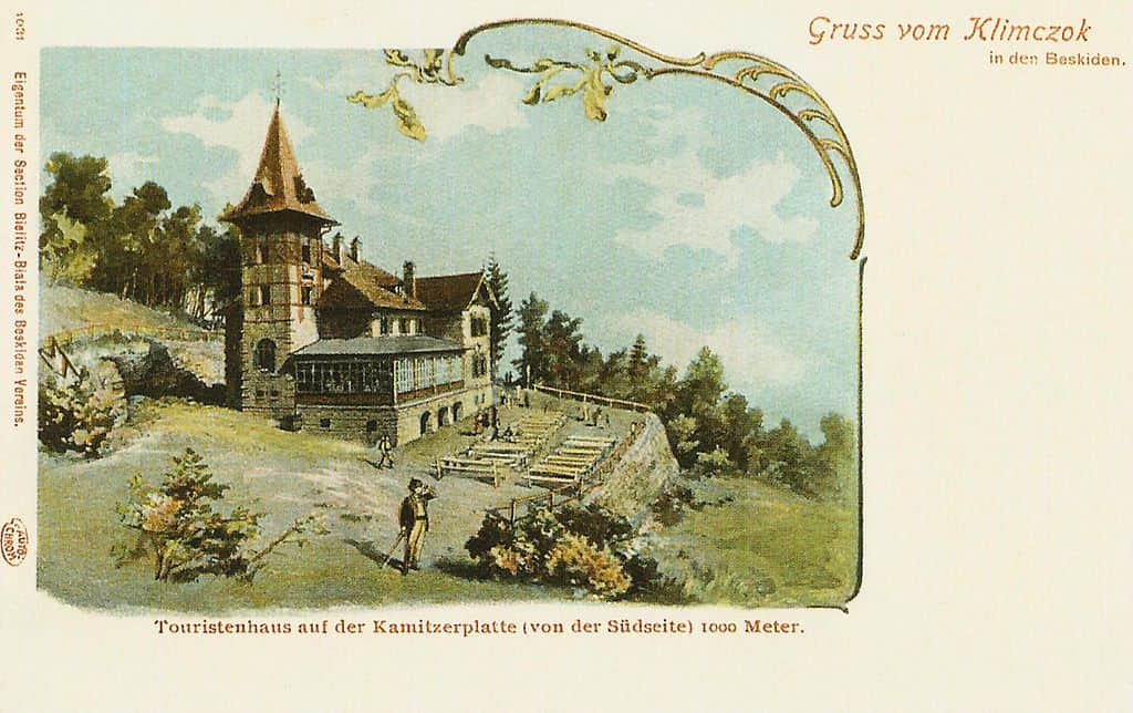 Shelter on Szyndzielnia - postcard from Beskidenverein in 1902. Public domain, https://commons.wikimedia.org/w/index.php?curid=1809780