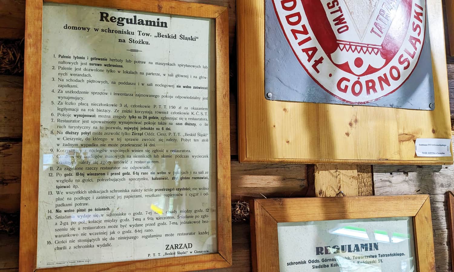 Regulamin pierwszego schroniska na Stożku Wielkim. Ośrodek Kultury Turystyki Górskiej przy schronisku PTTK na Przysłopie.