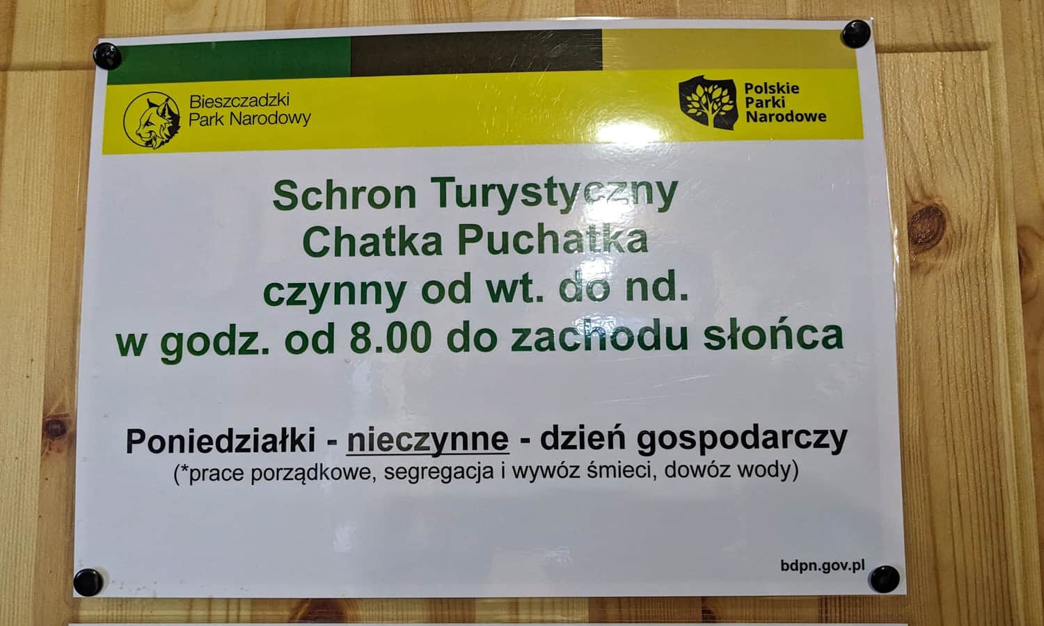 Dni i godziny otwarcia Schronu Turystycznego Chatka Puchatka