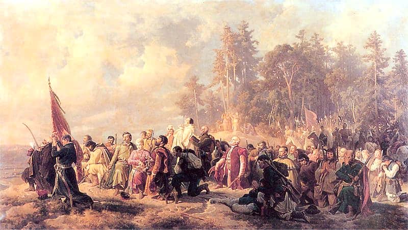 Artur Grottger, Modlitwa konfederatów barskich przed bitwą pod Lanckoroną, 1863 r. Domena publiczna, https://commons.wikimedia.org/w/index.php?curid=2903058