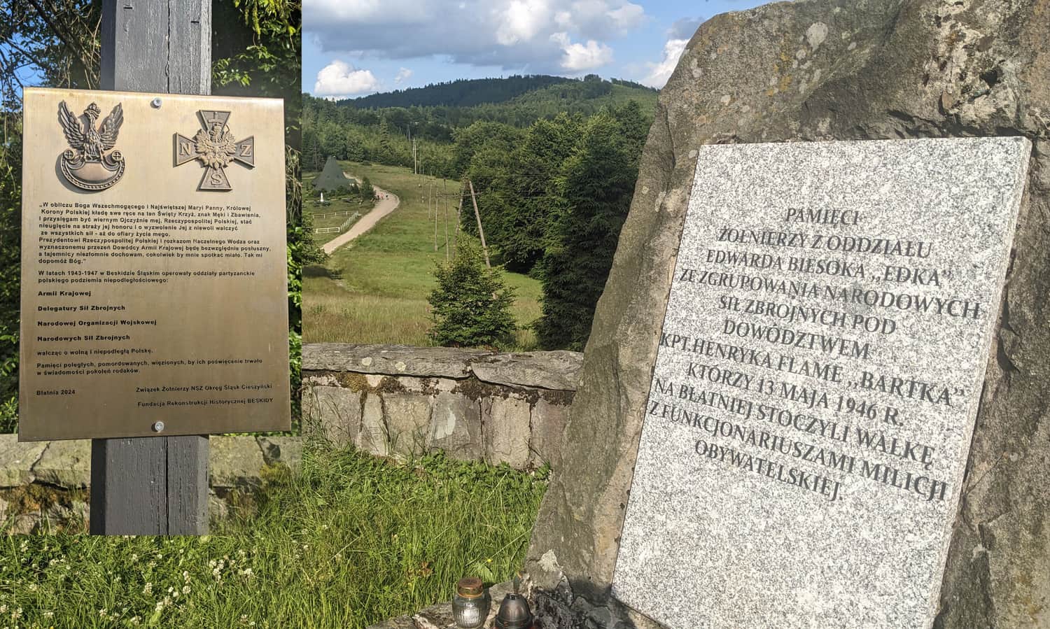 Nowe tablice na krzyżu (po lewej) i na pomniku na Wielkiej Cisowej