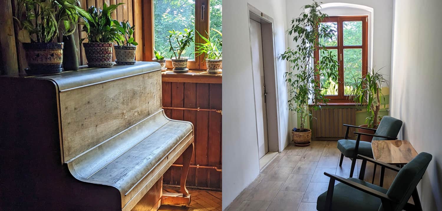 Szyndzielnia hut — a historic piano in the restaurant and the hotel section renovated in 2025