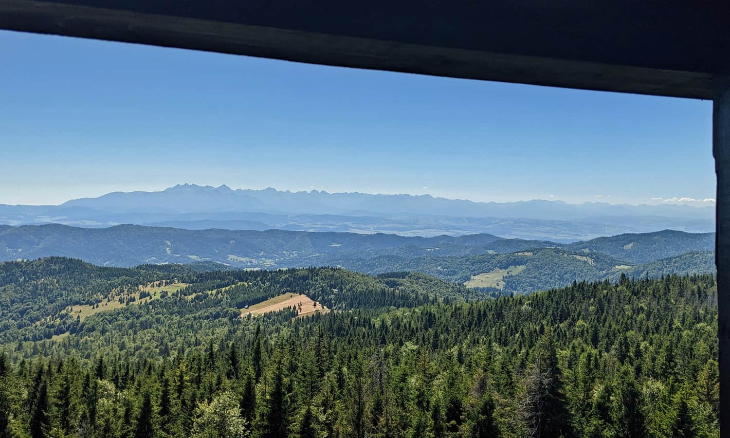 Gorc, 1228 m n.p.m. Widok z wieży na Tatry