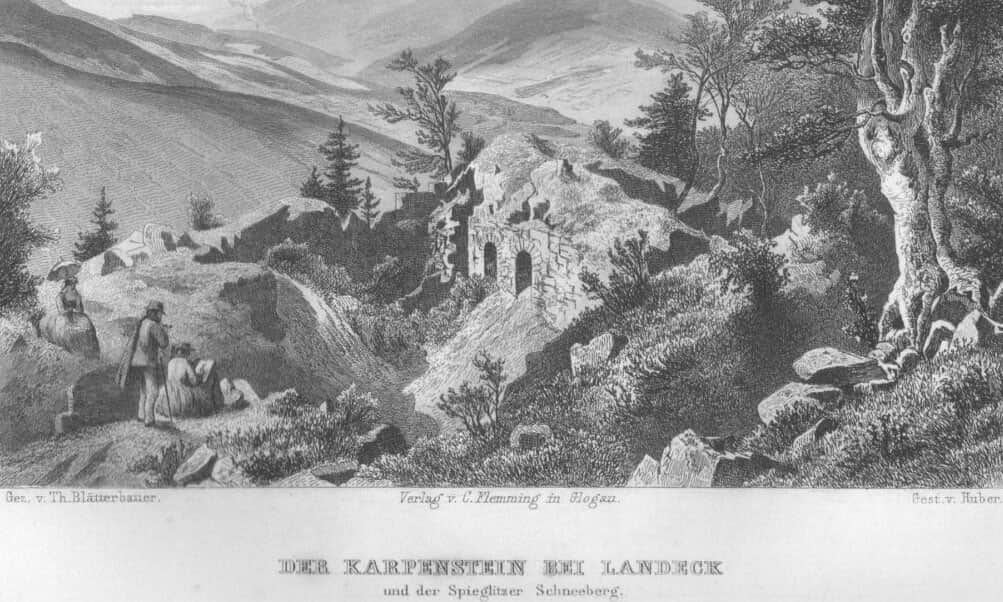 Ruiny Zamku Karpień. Grafika wg rysunku Teodora Blatterbauera wydana przez Carla Flemminga 1885-1888 ze zbiorów Piotra Siemki