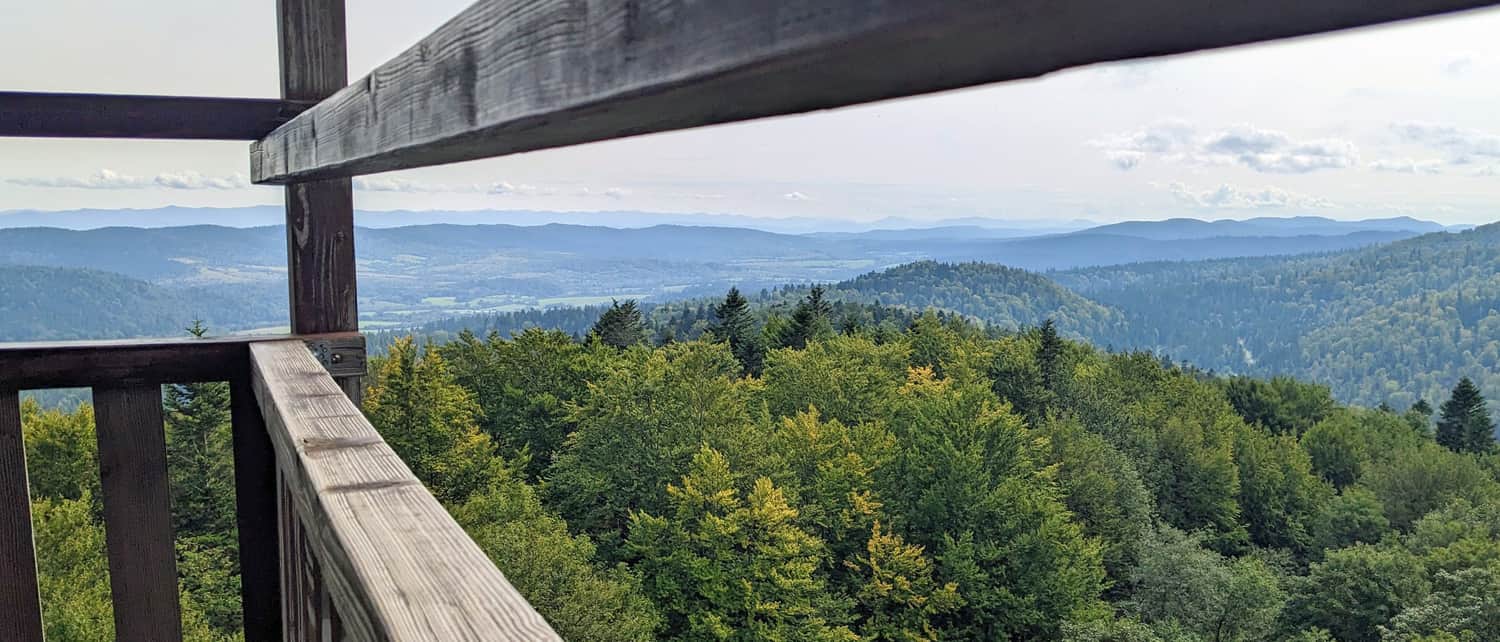 Widok z wieży w Mucznem na dolinę górnego Sanu, Beskidy Skolskie i Bieszczady Wschodnie (Ukraina)