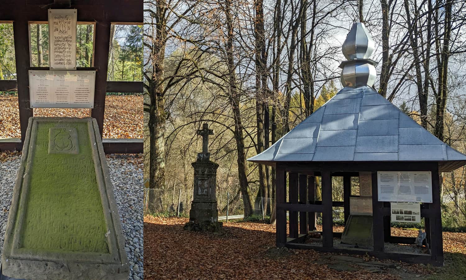 Cerkiew św. Mikołaja w Chmielu nad Sanem - replika dzwonnicy i płyta nagrobna z 1644 r.