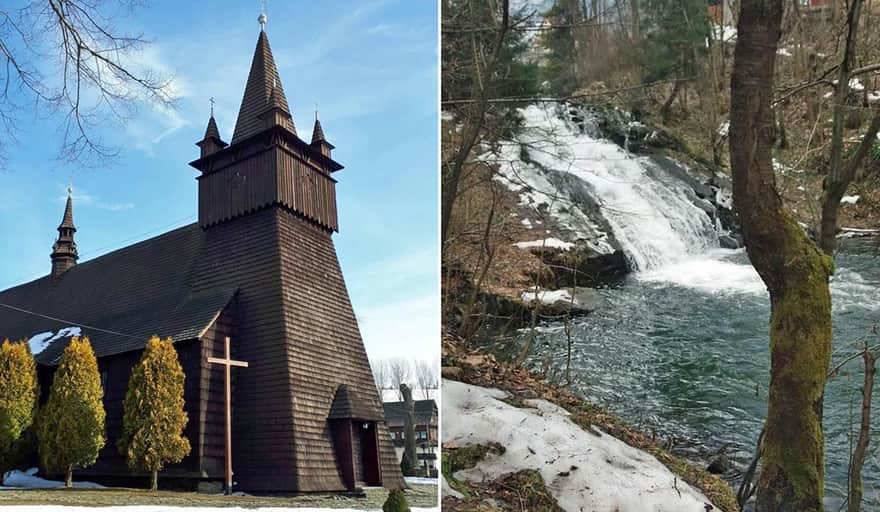 Church in Orawka, known as Wawel, and waterfall in Sopotnia Wielka