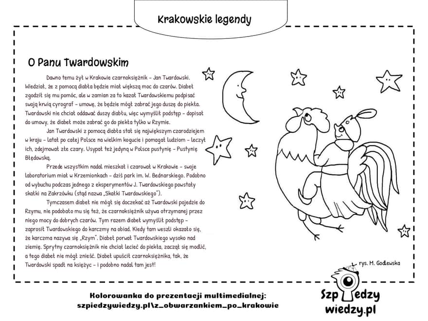 Pan Twardowski - krakowskie legendy - karta pracy, kolorowanka do wydruku