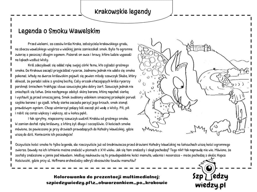 Smok Wawelski  - krakowskie legendy - karta pracy, kolorowanka do wydruku