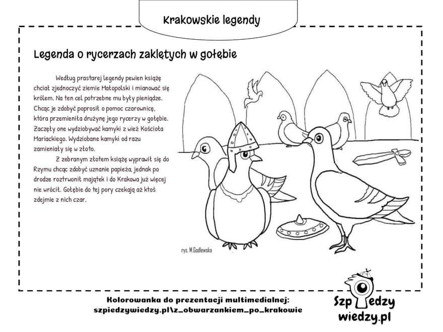 Legenda o krakowskich gołębiach - karta pracy, kolorowanka do wydruku
