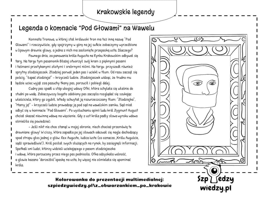 Legenda o wawelskiej komnacie "Pod Głowami" - karta pracy, kolorowanka do wydruku