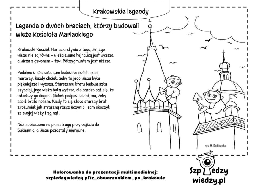 Legenda o dwóch braciach, którzy budowali wieże kościoła Mariackiego - karta pracy, kolorowanka do wydruku