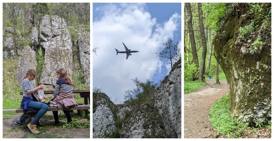 Dolina Mnikowska - piknik, skałki i lecący nisko samolot