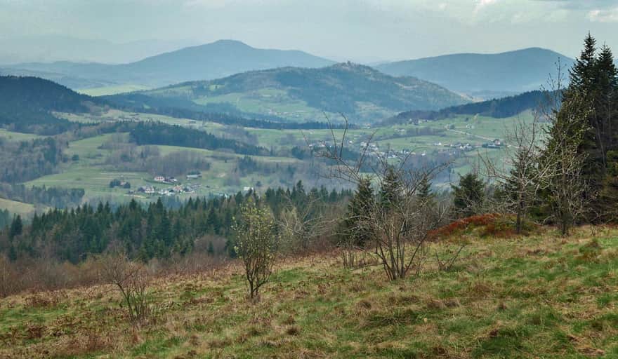 Blue trail from Jurk贸w to Mogielica. Views from the meadow at Cyrla
