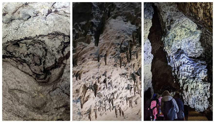 Nietoperzowa Cave - swirling pots on the cave ceiling, stalactites, and pulpit