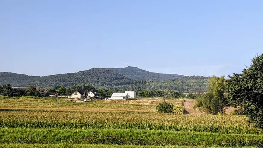 View of the Ślęża Massif from the train window to Sobótka