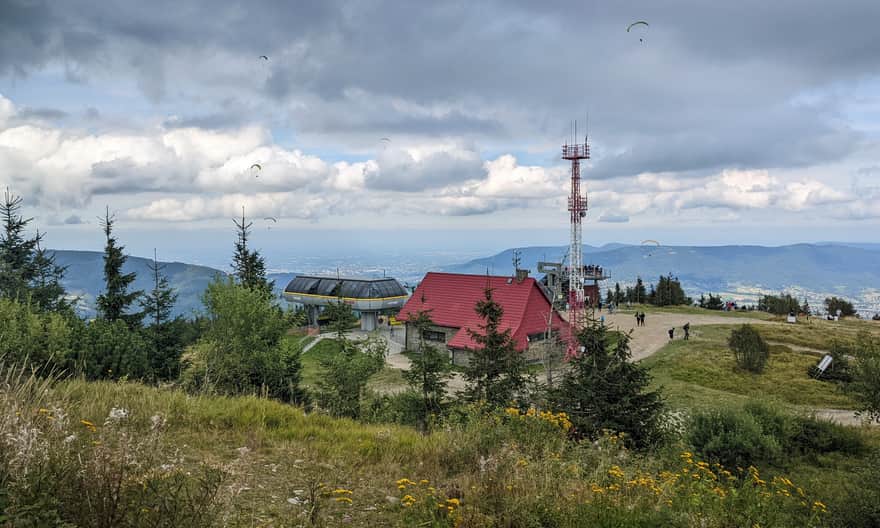 Skrzyczne - upper cable car station, viewing terrace, and paragliders
