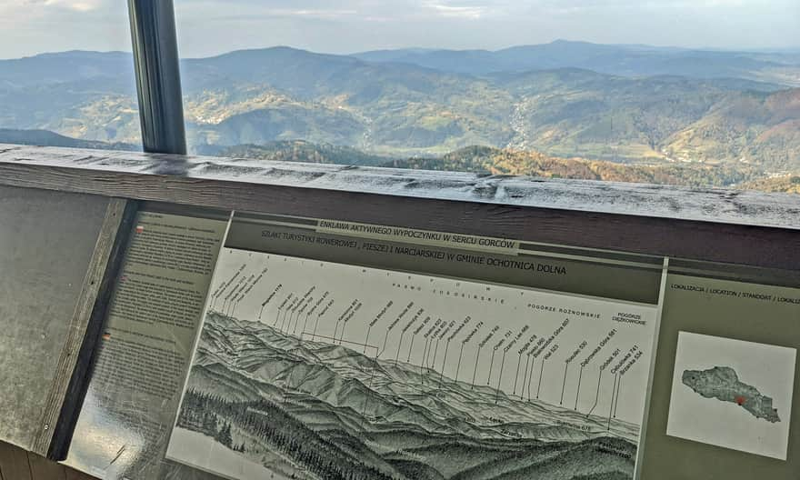 Wieża widokowa na Lubaniu. Panorama północna (Beskid Wyspowy) z "królową" Mogielicą