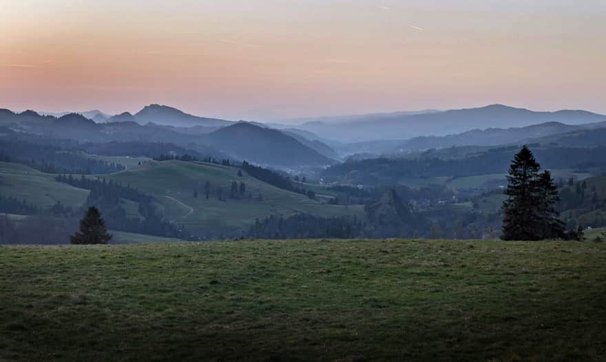 View from Rozdziela Pass above Biała Woda Reserve (just after sunset)
