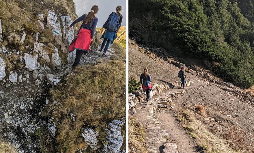 Two uncomfortable moments on the trail: small landslide (left) and slippery slope (right)