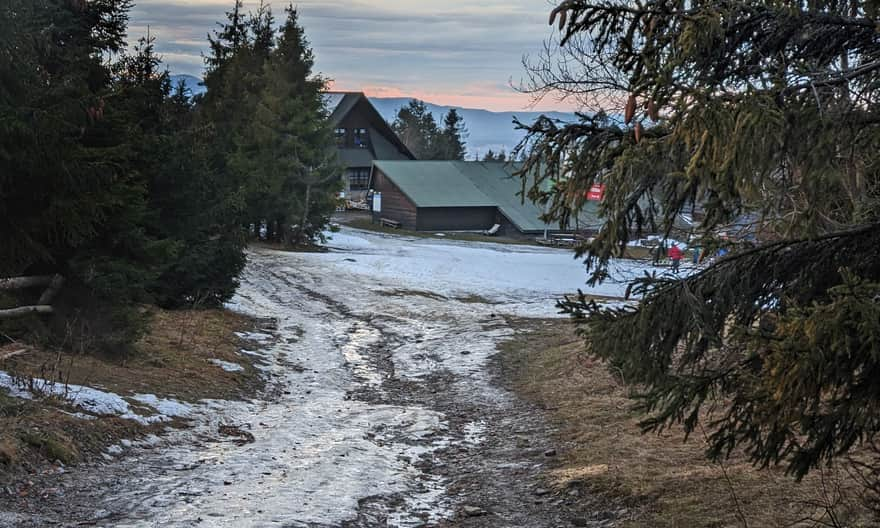 Stare Wierchy Shelter at sunset - with Babia Gora peak in the background