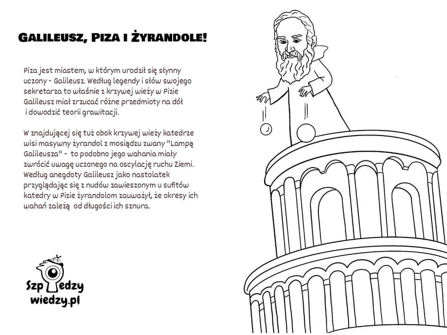 Galileusz na krzywej wieży w Pizie - kolorowanka dla dzieci